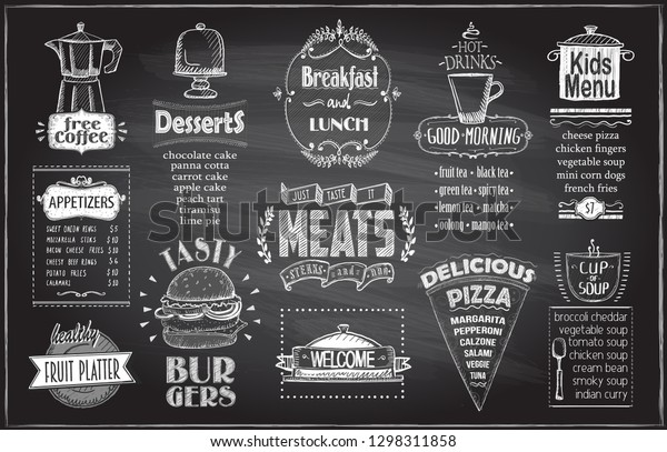 喫茶店 レストラン 朝食と昼食 ファストフードとピザ 肉料理 肉料理 ハンバーガー 前菜 フルーツプラッター デザート 飲み物 子ども向けのチョーク メニューボードデザイン のベクター画像素材 ロイヤリティフリー