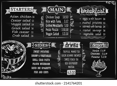 Chalk menu board design template with starters and main dishes, breakfast, sides, desserts and drinks. Vector illustration