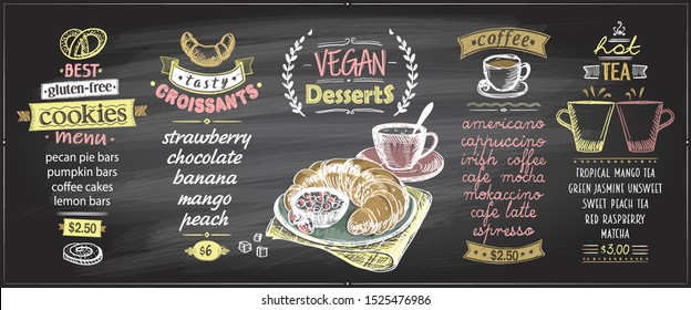 Chalk menu board designs set with sweets and hot drinks - vegan desserts, gluten free cookies, croissants, coffee and tea
