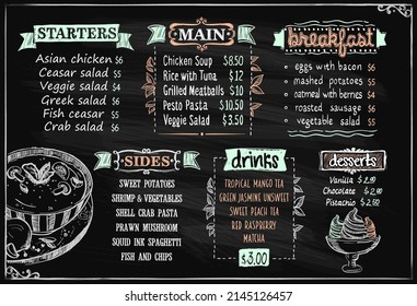 Chalk menu board, vector sketch chalkboard template for cafe or restaurant with starters and main dishes, breakfast, sides, desserts and drinks