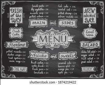 Chalk menu list blackboard design - main and sides, drinks and sweets, salads and starters, dish of the day and alcohol bar