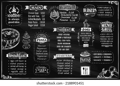 Chalk menu list on a blackboard, vector design template for cafe or restaurant, starters and main, sides, desserts and pizza, burgers, grill menu, drinks, etc.