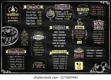 Chalk menu list vector design mockup for cafe or restaurant, starters and main, sides, desserts and pizza, burgers, grill menu, drinks, etc.