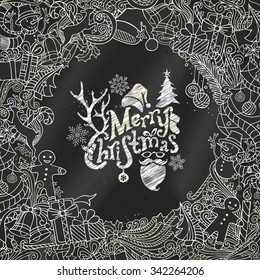 Chalk Merry Christmas background. Christmas tree and baubles, snowman, gingerbread man, deer, bells and ribbons, Santa sock, hat and beard, holly berries, candy cane. 