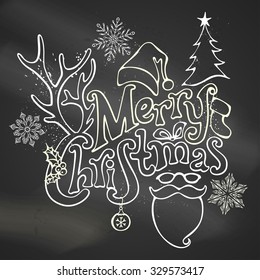 Chalk Merry Christmas Decoration. Christmas ball, hand-written text, holly berry, fir, antlers of a deer, bow, Santa sock, hat, beard and glasses. Chalk outlined objects on blackboard background. 