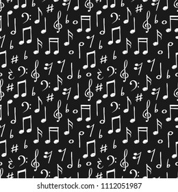 Chalk music notes and signs seamless pattern. Hand drawn music background black white, vector illustration