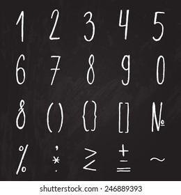 Chalk numbers and mathematical symbols on the chalkboard. Vector digits for save the dates, invitations, receipts and other creative projects. Best with same style alphabet.