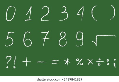 Chalk numbers set on blackboard, hand drawn numbers, scribble, charcoal. Vector