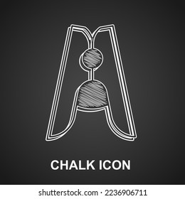 Chalk Old wood clothes pin icon isolated on black background. Clothes peg.  Vector