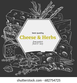Chalk on black background, cheese banner, hand drawn vector sketch illustration, poster design for restaurants.