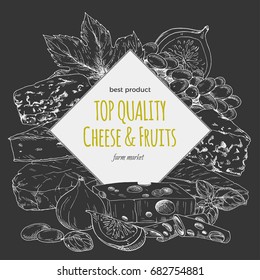 Chalk on black background, cheese banner, hand drawn vector sketch illustration, poster design for restaurants.