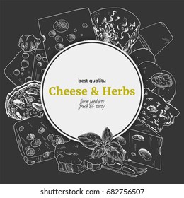 Chalk on black background, cheese banner, hand drawn vector sketch illustration, poster design for restaurants.