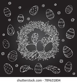 Chalk on blackboard doodle vector Easter set. Easter egg, eggs in nest sketch. Black and white line art. 