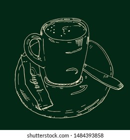 Chalk on blackboard sketch graphic. Small cup of coffee on a plate with a tea spoon and sugar illustration, hand drawn vector drawing, light on dark background. Vintage style icon for menu design