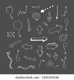 Chalk on blackboard. Vector illustration.  Badges. Arrows, pointer, arrow with callouts. Contour, isolated, without background. Set.