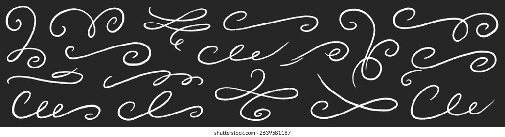 Chalk ornament flourish swirl calligraphy set. Hand drawn chalkboard divider, swirl curve, elegant banner and pencil frame menu. Flourish decoration, swoosh tail, vintage scroll. Vector illustration