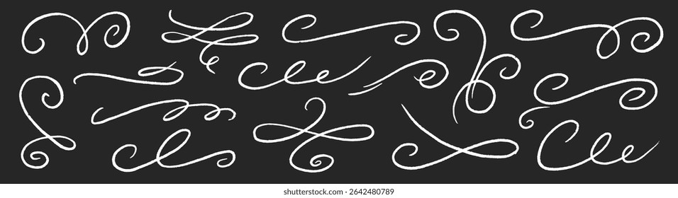 Chalk ornament flourish swirl calligraphy set. Hand drawn chalkboard divider, swirl curve, elegant banner and pencil frame menu. Flourish decoration, swoosh tail, vintage scroll. Vector illustration