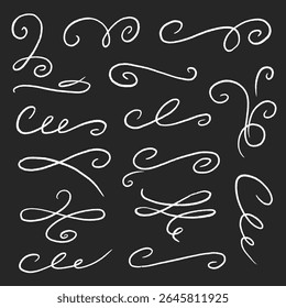 Ensemble de calligraphie tourbillonnante fleurie ornementée de craie. Diviseur de tableau noir dessiné à la main, courbe tourbillonnante, menu élégant de cadre de bannière et de crayon. Décoration fleurie, queue en spirale, vintage. Illustration vectorielle