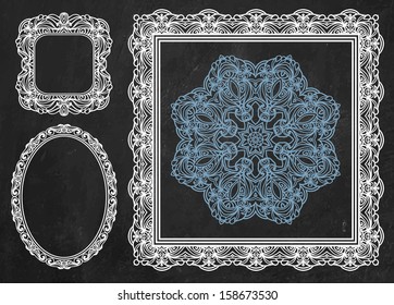 Chalk ornamental detailed hand drawn frames and napkin illustrations in vector. Chalkboard background. 