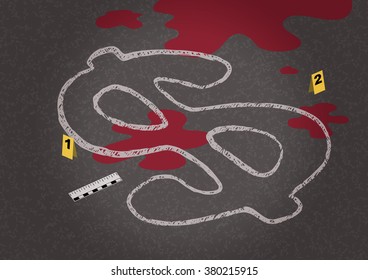 A chalk outline of a dead body symbolizing a falling dollar and criminalistic objects nearby. Conceptual vector illustration of global crisis.
