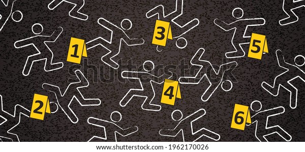 Chalk outline from the murder scene. Crime scene,\
place of murder. Circled the body, and there are marks near the\
evidence. Don\'t cross. police sign. ID tents, markeron te street,\
dead or corpse.