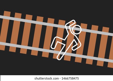 Chalk outline over railway and railroad track after dead man is hit killed by train. Vector illustration