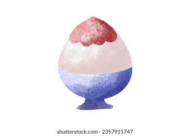 Chalk paint and drawing concept. Shaved ice with strawberry sauce topping on ice in blue blow on white background. 