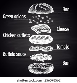 Chalk Painted Buffalo Chicken Burger Ingredients. Infographic.