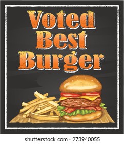 Chalk painted burger and chips with text voted best burger on a blackboard, EPS 8 vector