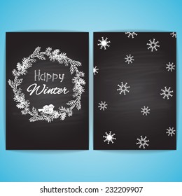 Chalk painted card blank with snowflakes, bird, Christmas wreath and text. New Year theme. Flyer design A5 size.