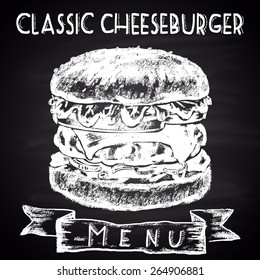   Chalk painted classic cheeseburger. Menu.