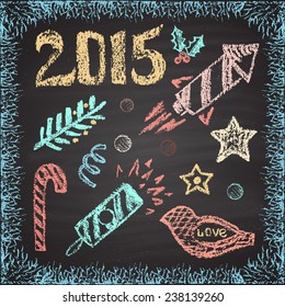 Chalk painted  colored  illustration of  fireworks, bird, 2015. New Year theme. Card design