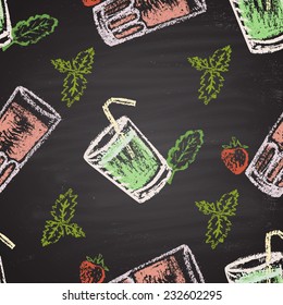 Chalk painted colorful seamless pattern with strawberry and mint fitness cocktails.