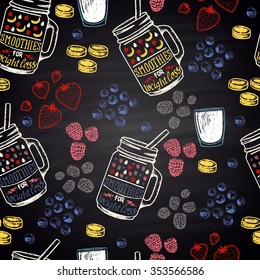 Chalk painted colorful seamless pattern for weight loss smoothies. Ingredients: banana, blueberries, blackberries, strawberries, raspberries, yogurt.