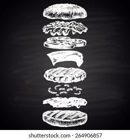  Chalk painted components of classic cheeseburger.