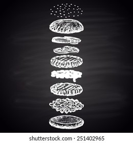 Chalk painted components of double burger. Burger menu theme.