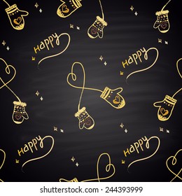 Chalk painted golden seamless pattern with hearts, mittens and text.