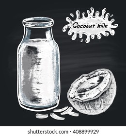  Chalk painted illustration coconut milk bottle. Vegan food. Milk splash with the inscription: coconut milk.