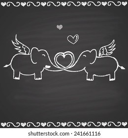 Chalk painted illustration with couple of enamored elephants. Happy Valentine's Day theme.