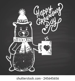 Chalk painted illustration with groundhog, heat and text. Happy Groundhog Day Theme.