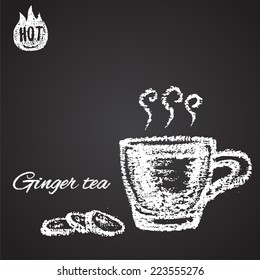 Chalk painted illustration of hot ginger tea.