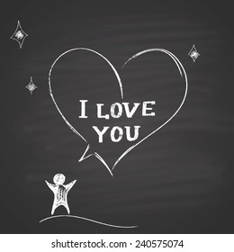 Chalk painted illustration of man with speech bubble, 'I love you' text, heart and shiny stars. Happy Valentine's Day theme.