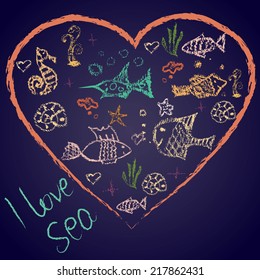 Chalk painted illustration of marine inhabitants in red heart with text