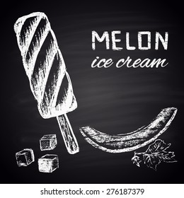 Chalk painted illustration of melon ice cream. Menu theme.