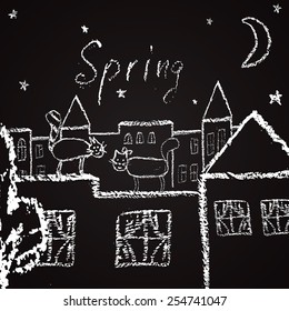 Chalk painted illustration with night view of the city, cats and text.