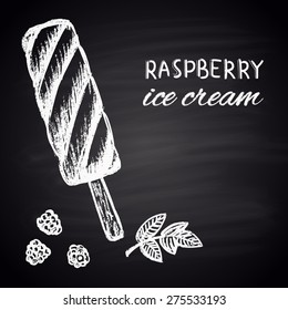  Chalk painted illustration of raspberry ice cream. Menu theme.
