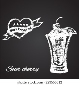 Chalk painted illustration of sour cherry cocktail. Best cocktail theme.