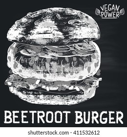  Chalk painted illustration of vegan Beetroot burger ingredients. Burger menu theme.