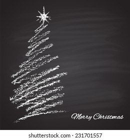 Chalk painted illustration of white abstract Christmas trees and gift boxes. Happy New Tear theme. Card design.