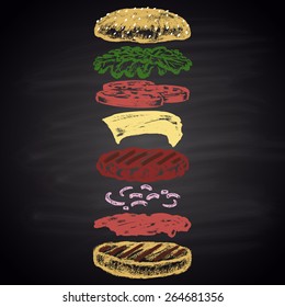 Chalk painted ingredients of classic cheeseburger